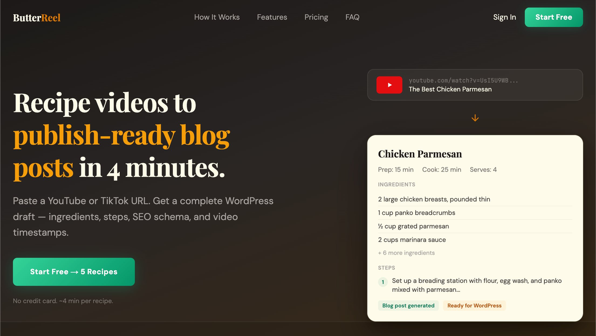 ButterReel landing page with Start Free button