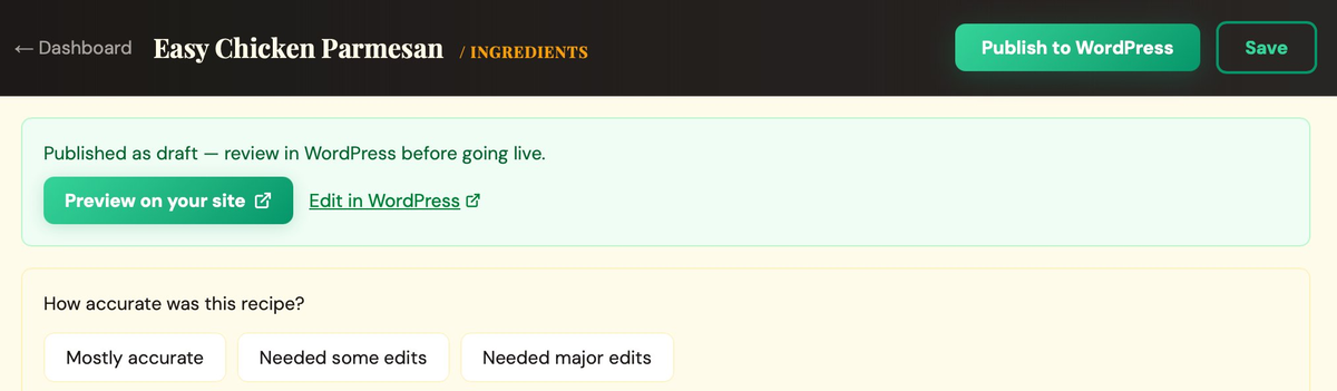 ButterReel publish success showing draft confirmation and WordPress links