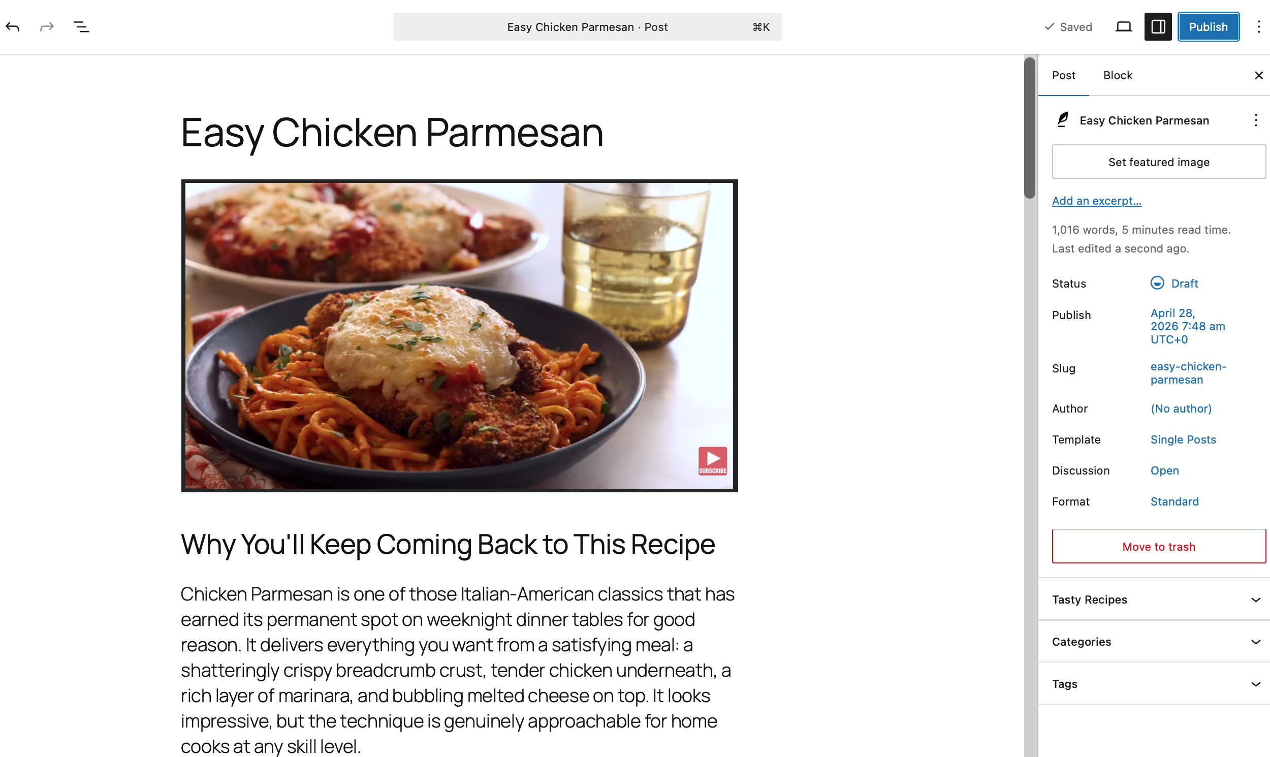 WordPress editor showing published draft with recipe content and embedded video