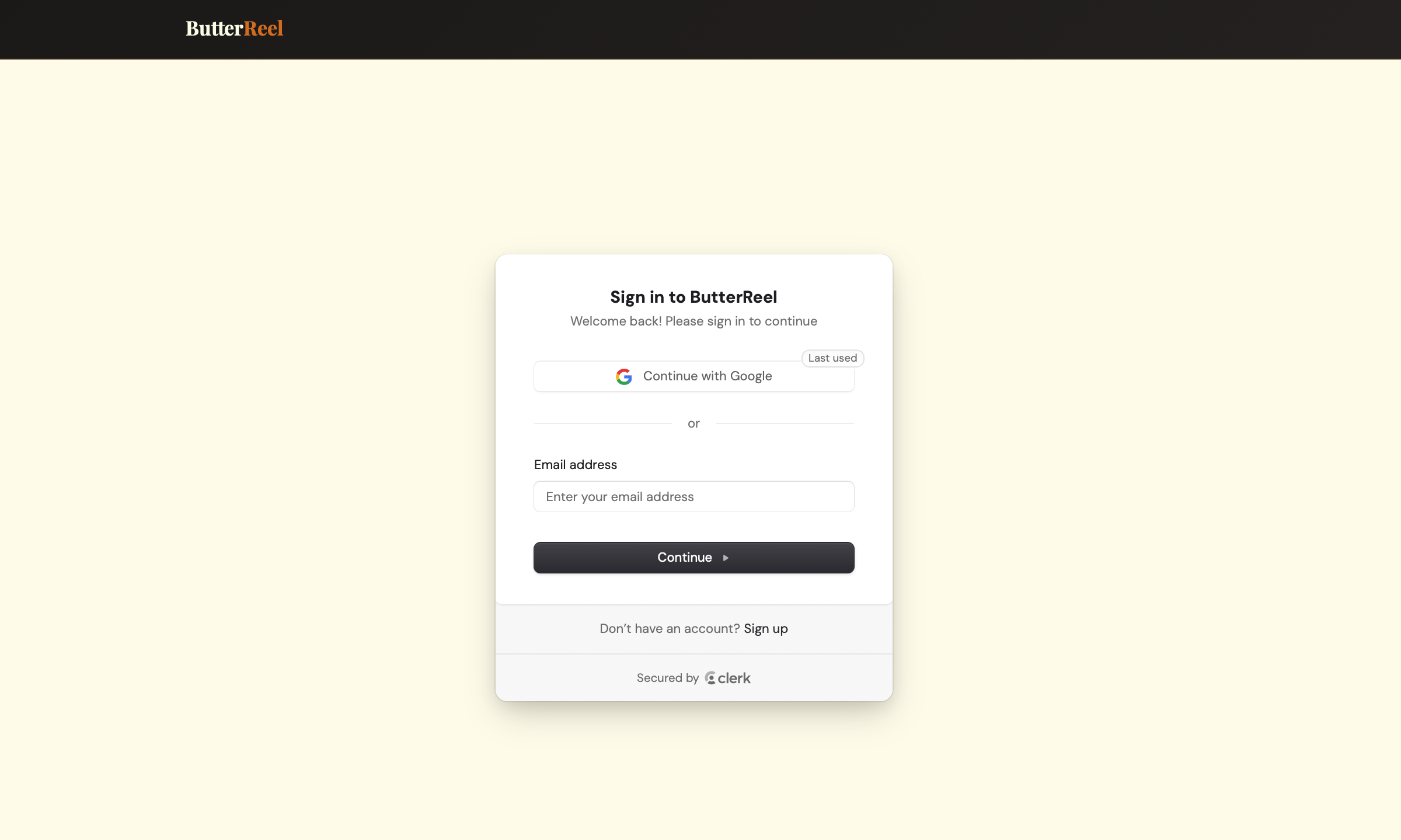 ButterReel sign-up page with Google and email options