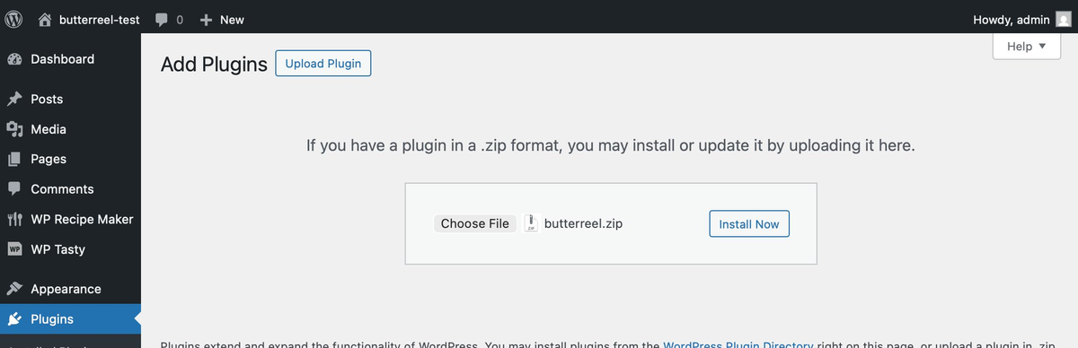 WordPress plugin upload screen with butterreel.zip selected
