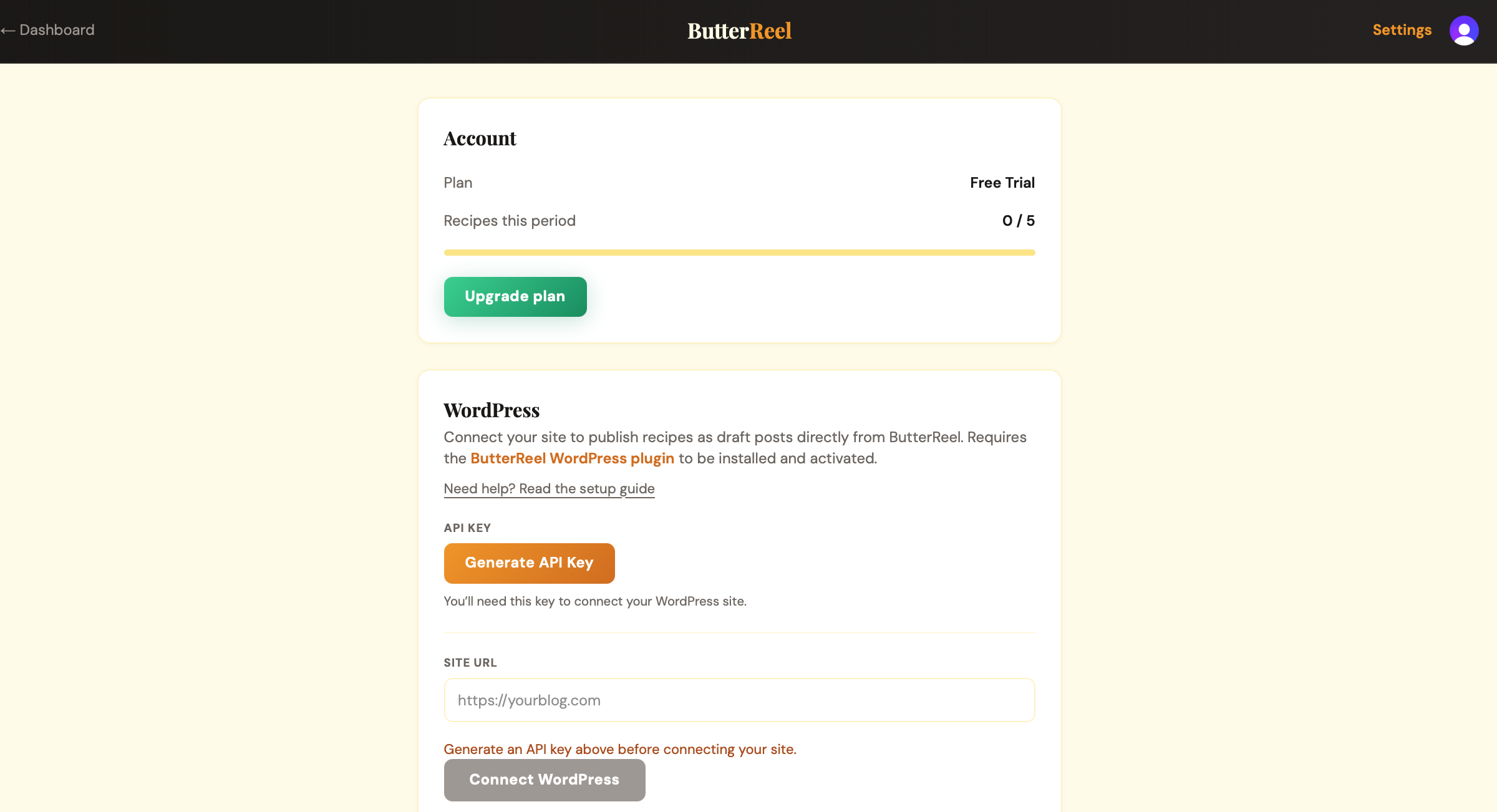 ButterReel settings page showing the generated API key