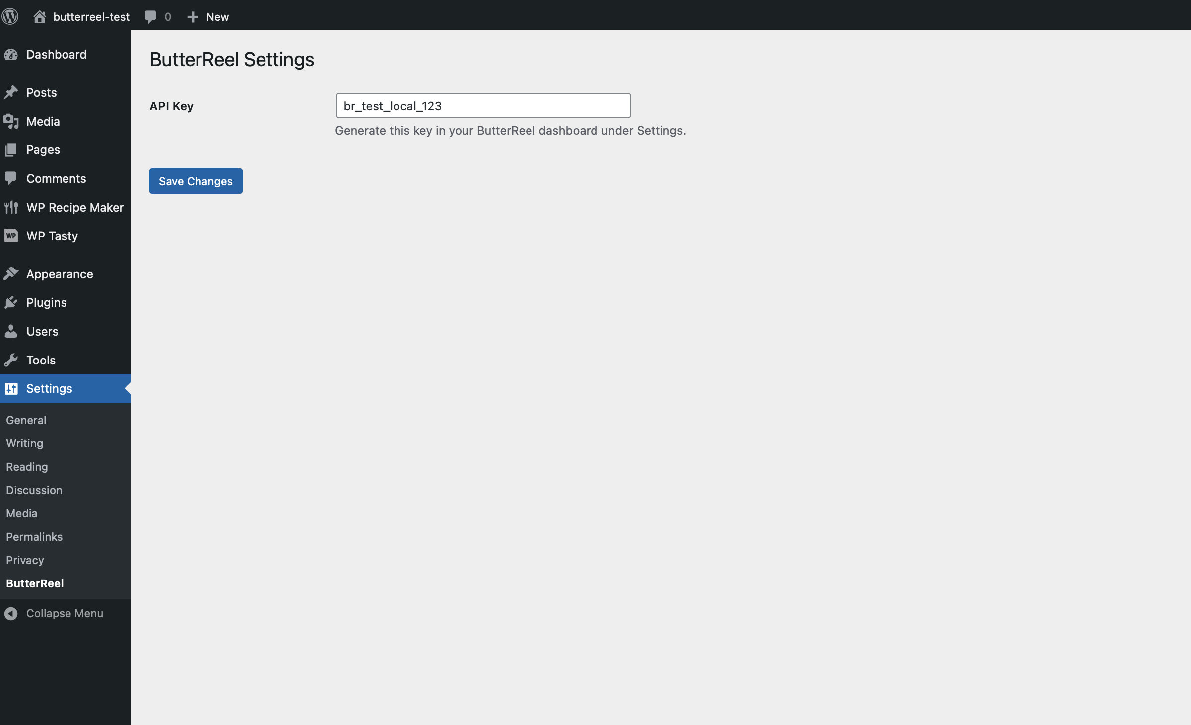 WordPress ButterReel settings page showing API Key field