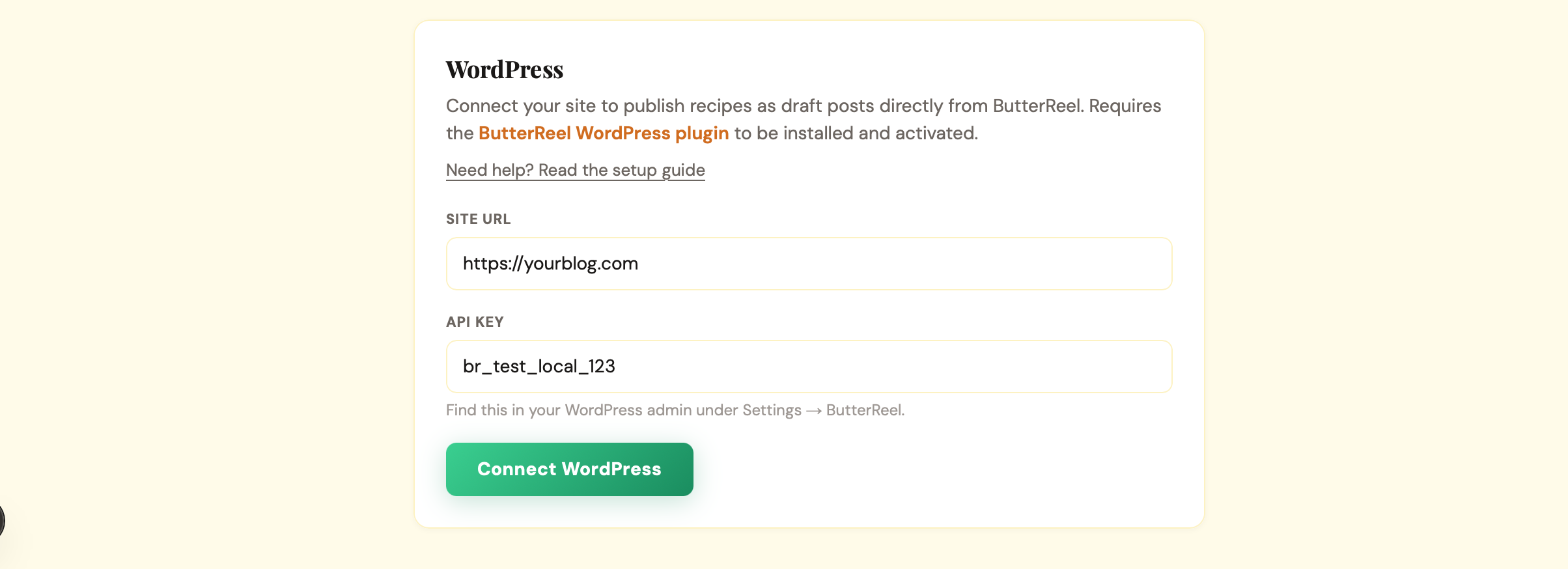 ButterReel settings page with WordPress URL and API Key fields