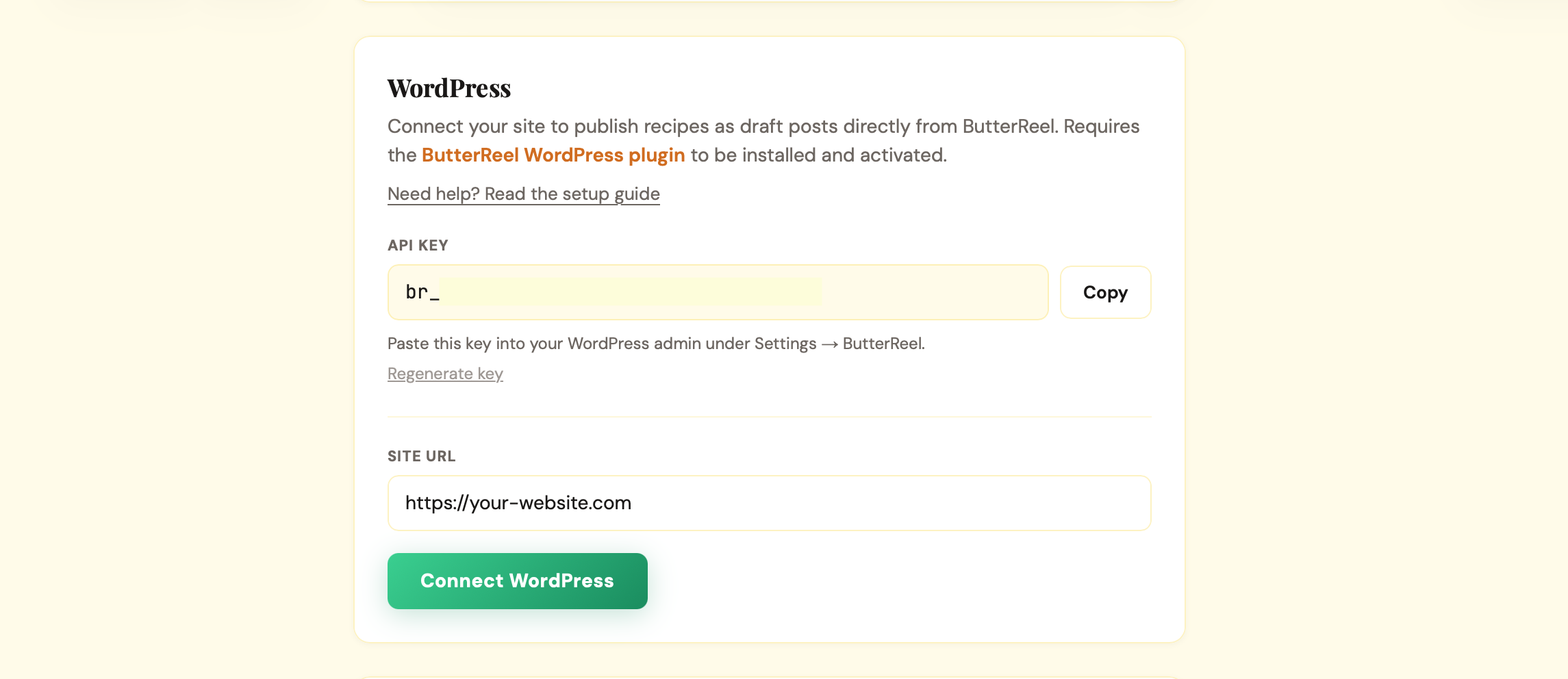 ButterReel settings page with WordPress URL entered and connection confirmed