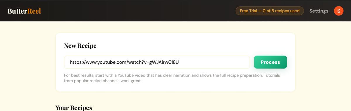 ButterReel dashboard with YouTube URL pasted and Process button