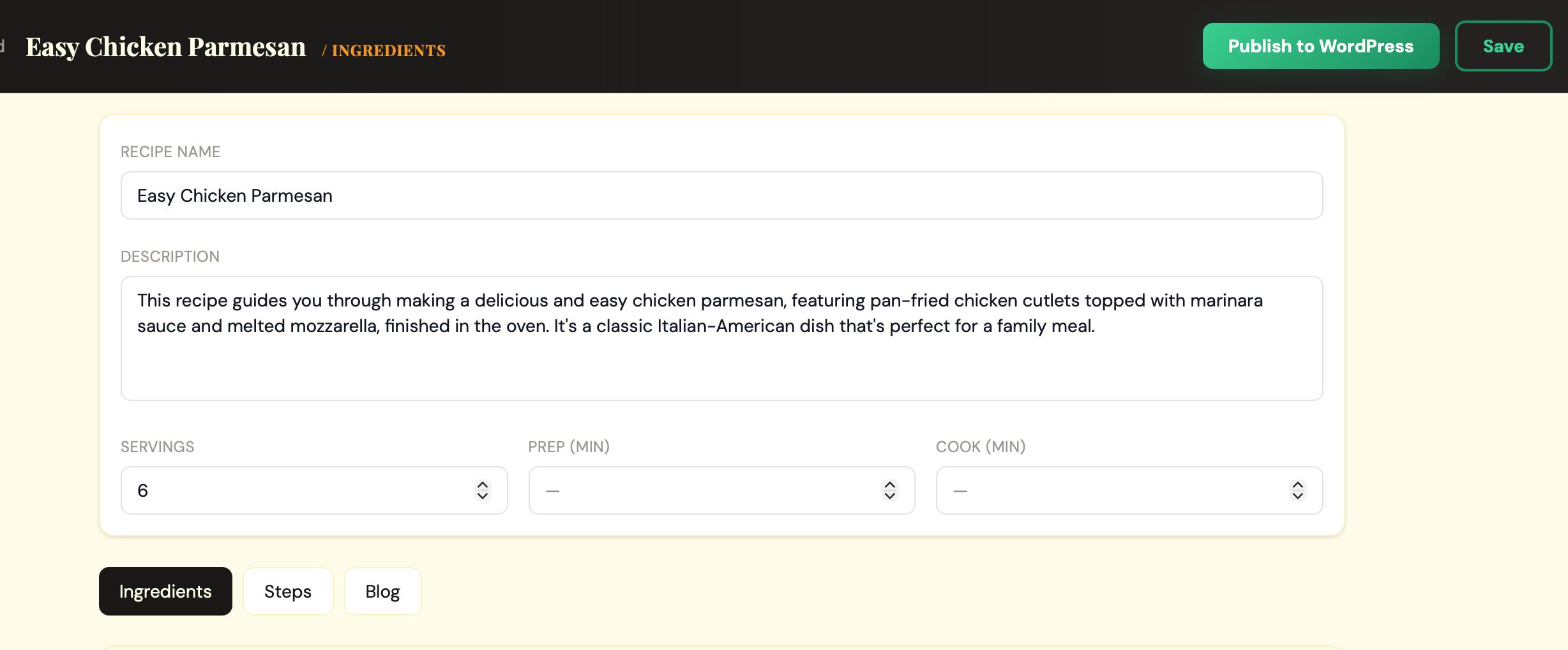 ButterReel review page showing extracted recipe details and ingredients